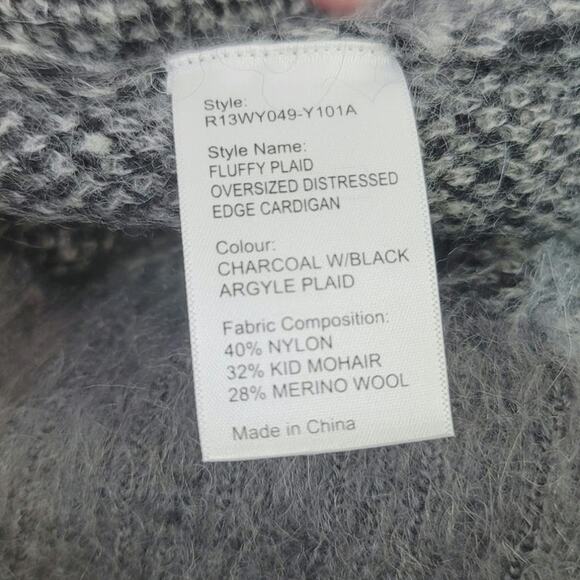 R13 Fluffy Plaid Oversized Distressed Edge Cardi Charcoal Blk Argyle Plaid, XS - Picture 10 of 16